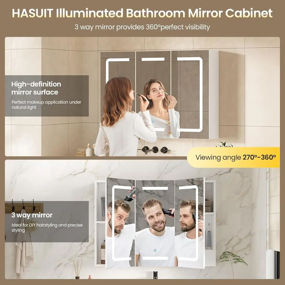 Medicine Cabinet Organizer with Mirror, Lighted Bathroom Medicine Cabinet with Storage, 3 DoBathroom Wall Cabinet with LED Light view 4