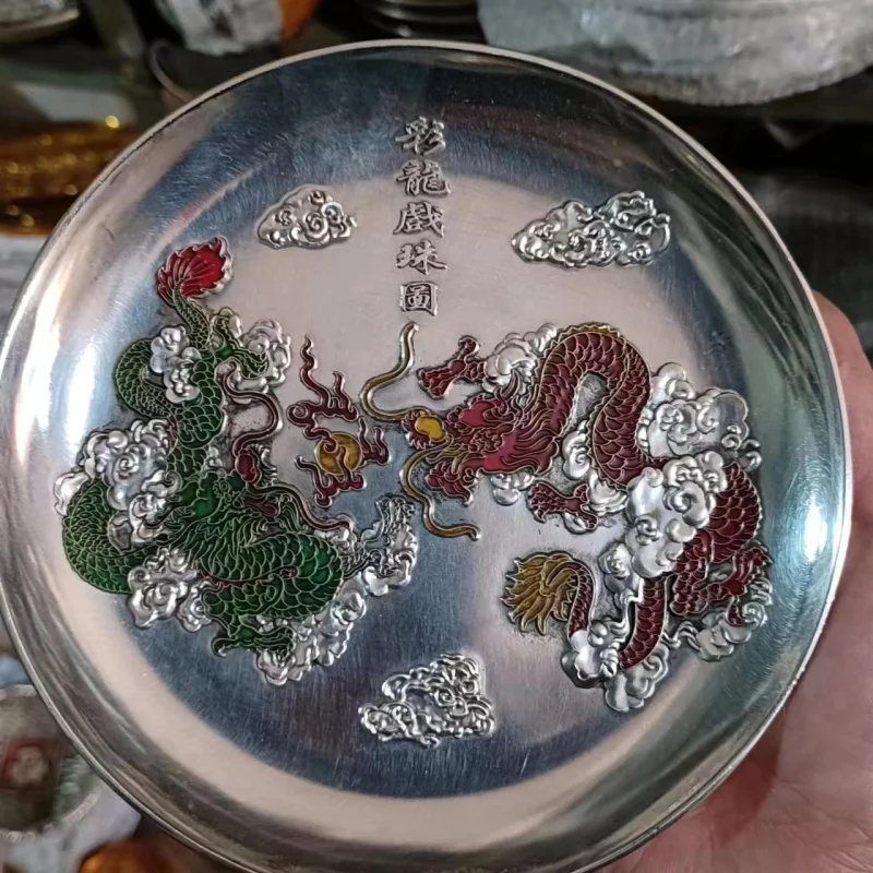 Early Antique Collection Daqing Kangxi Year White Copper Gilding Colorful Dragon Playing Beads Plate Ornament Decoration One Pie