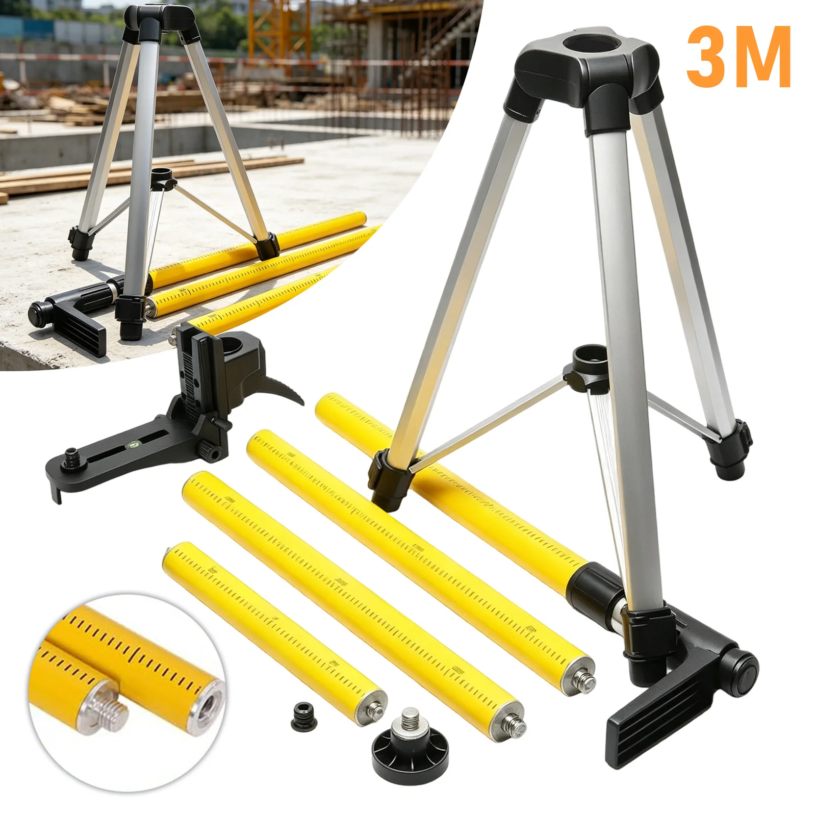 Perche télescopique pour niveau laser avec trépied intégré et niveau à bulle, structure à hauteur réglable librement, double filetage de fixation 1/4"-20 et 5/8"-11 pour dispositifs laser de mesure de chantier