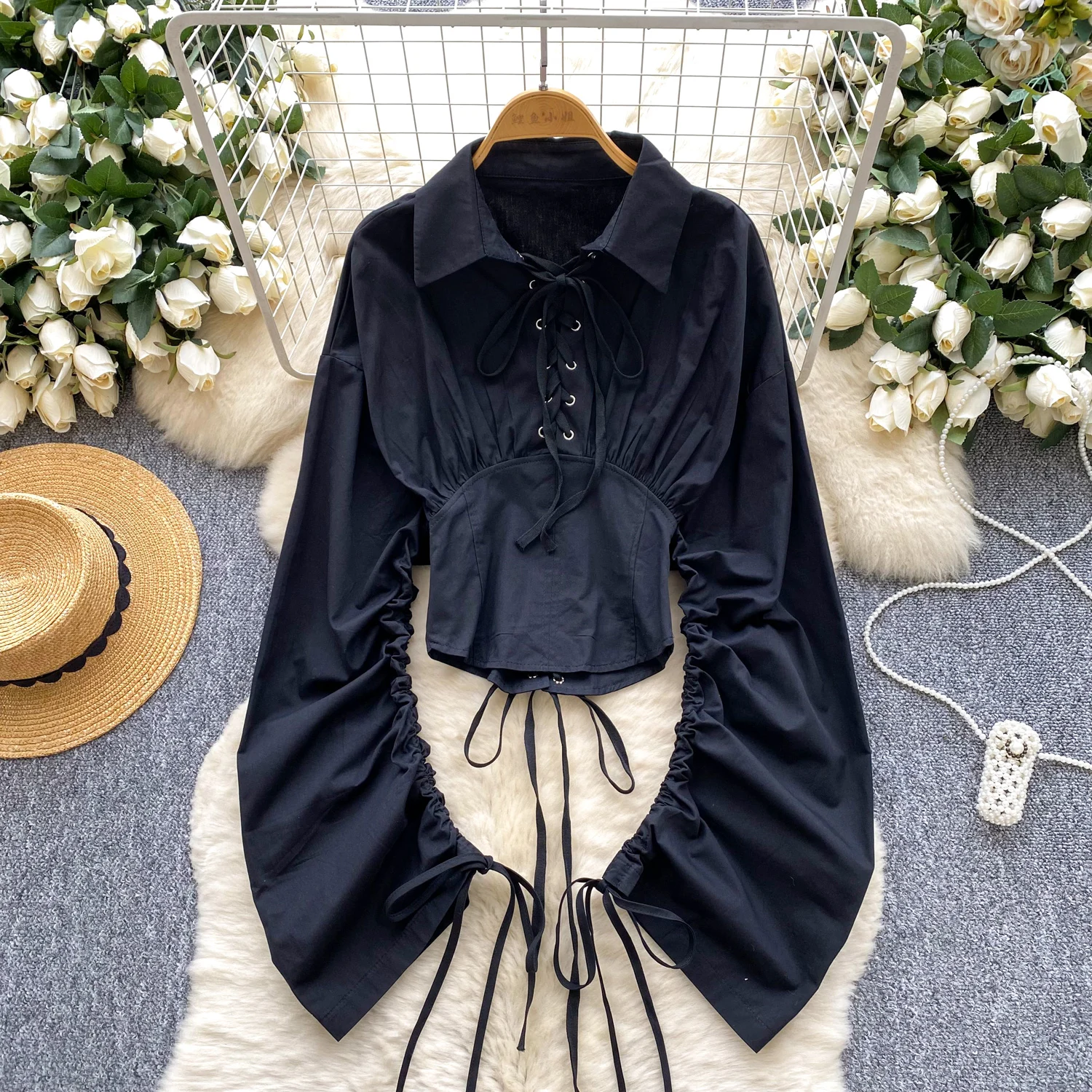 

Vintage Blouse turn-down collar Draw String long sleeve Elegant Fashion Women hotsweet Shirt women clothing