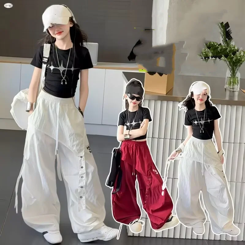 Teen Girl Hip Hop Jazz Street Dance Clothes Set Cotton Bright Diamond T-shirt Red Irregular Cargo Pants Junior Child Kid Outfits