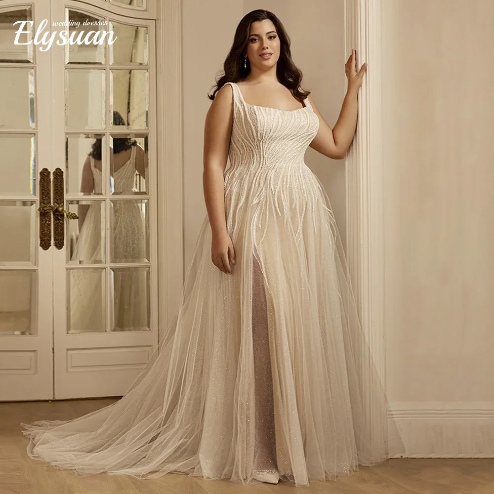 Maßgeschneidertes funkelndes Brautkleid in Übergröße, quadratischer Ausschnitt, ärmellos, mit Perlen verziert, glitzernder Tüll, A-Linie, Brautkleid mit Schleppe