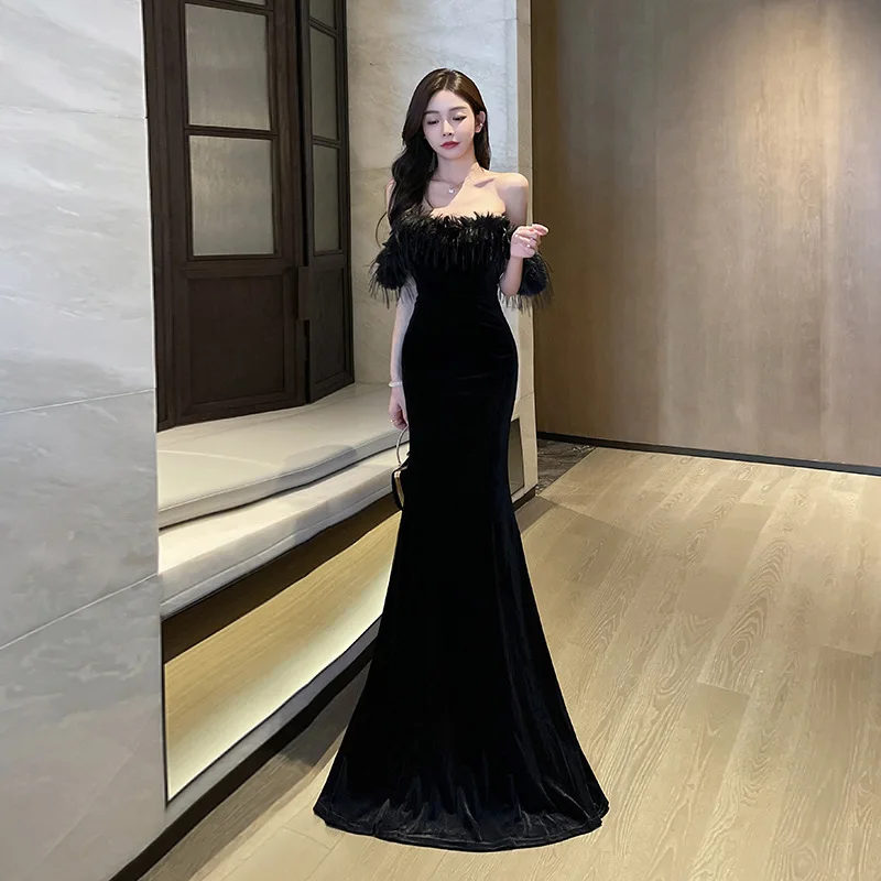 

Fur Collar Sexy Strapless Bodycon Floor-Length Women's Dress Elegant Backless Nightclub Gown Car Model Annual Meeting Evening Dr