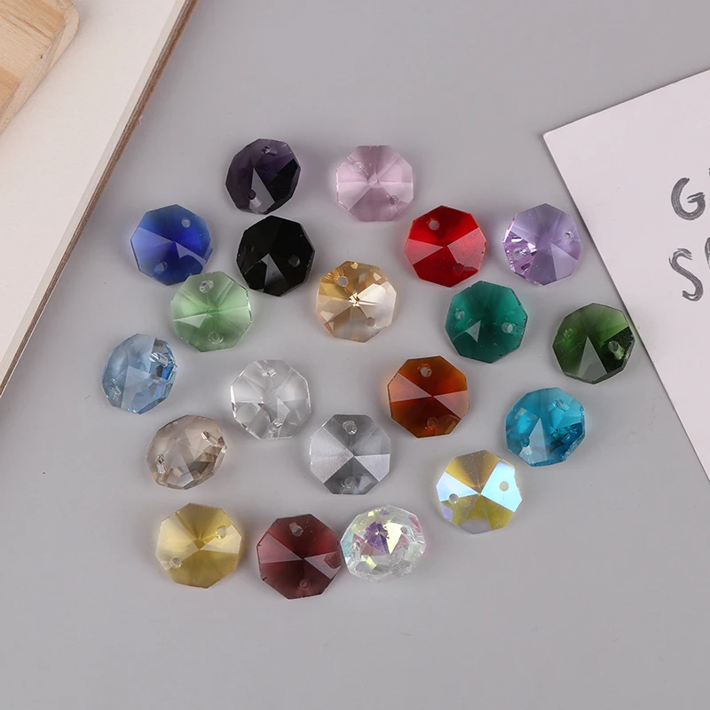 

50Pcs 14MM 2 Holes Crystal Glass Octagonal Beads Prisms Curtain Chandelier Parts Pendant Glass Loose Bead DIY Jewelry Decor