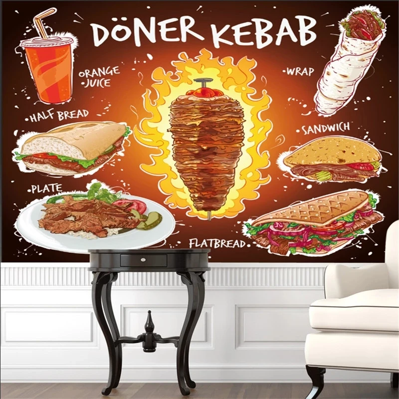 Customized products Hand Drawn 3D Doner Kebab Flat Bread Sandwich Plate with Orange Juice Mural Wallpaper Fast Food Restaurant
