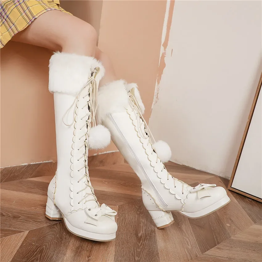 Lovely Lolita Knee High Boots Women Platform Thick Heels Sweet Bowtie White Pink Show Party Cosplay Ladies Fur Zipper Long Boots