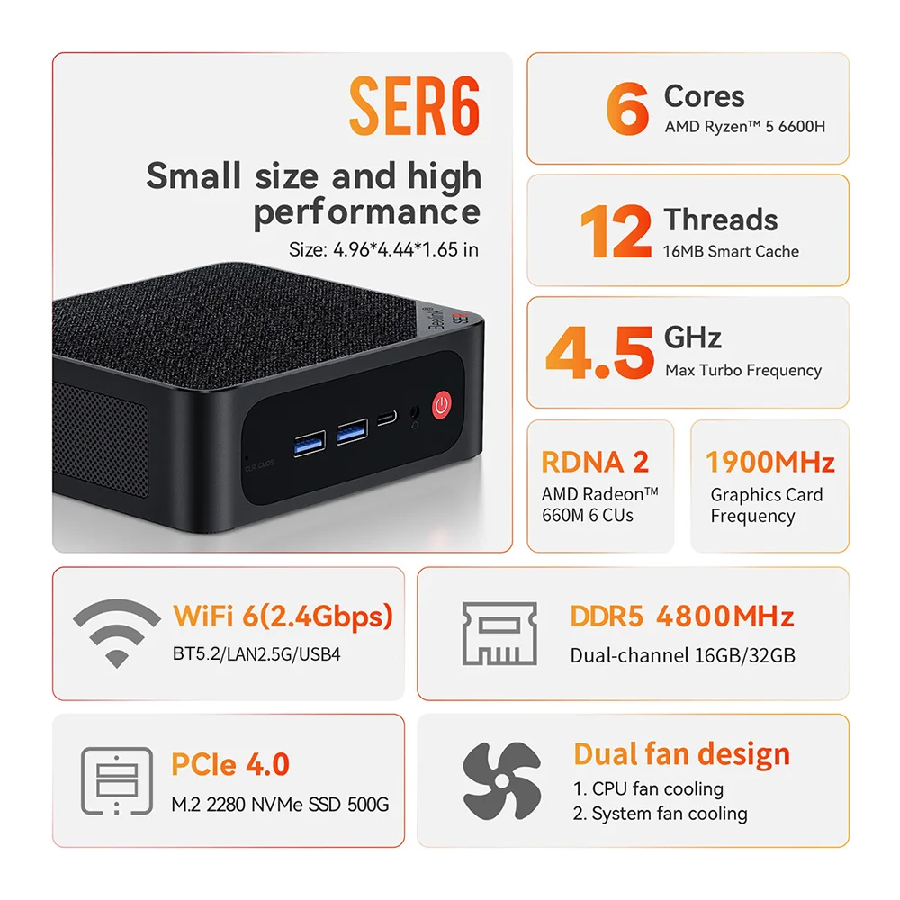 Beelink SER6 Windows 11 Pro мини ПК AMD Ryzen 5 6600H 6 Core DDR5 16 Гб SSD 500 Гб NVME Wifi6 PCIE 4,0 Настольный игровой компьютер