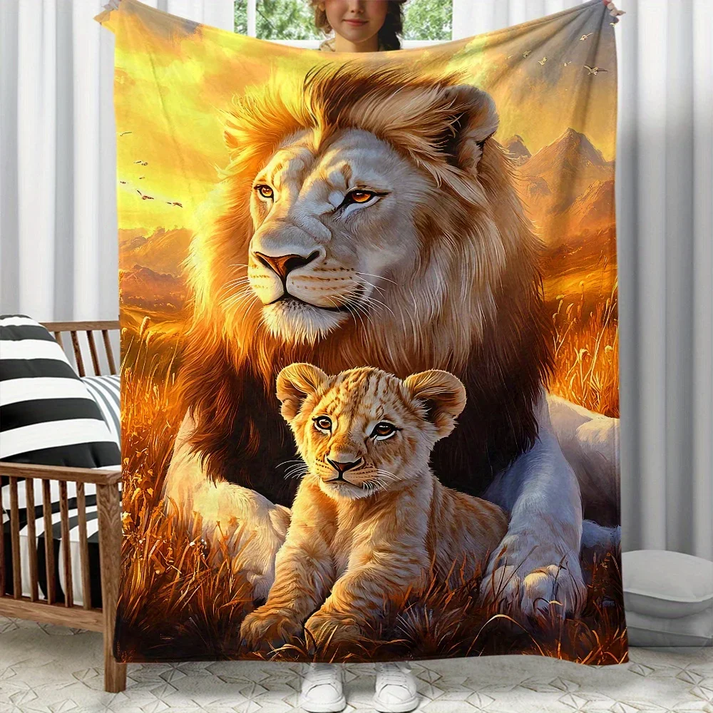 Majestic Lion and Cub Throw Blanket  Savannah Sunset Wildlife Portrait Nature Scenery Art Decor for Sofa Bedroom Blanket