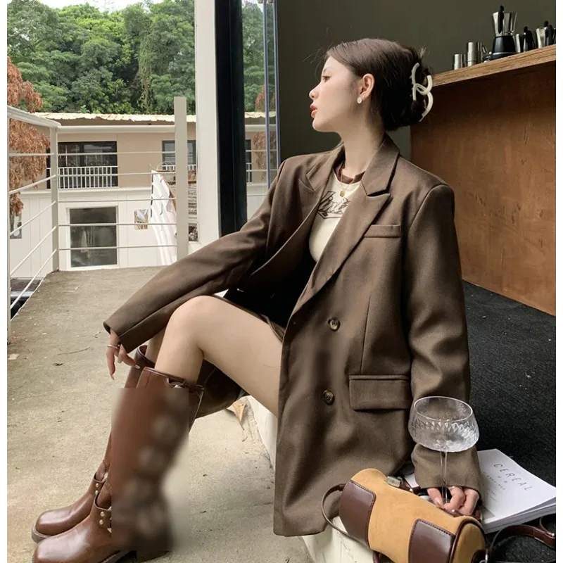 

Insozkdg High-end Elegant Women Suit Jacket Casual Trendy Autumn 2024 New Coffee Color Slimming Suit Top Blazer Women Clothing