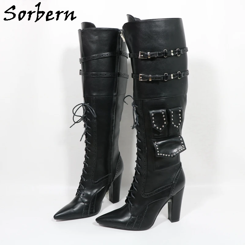 Sorbern Black Matte Knee High Women Boots With Pockets Pointed Toe Block High Heel Buckle Straps Custom Color