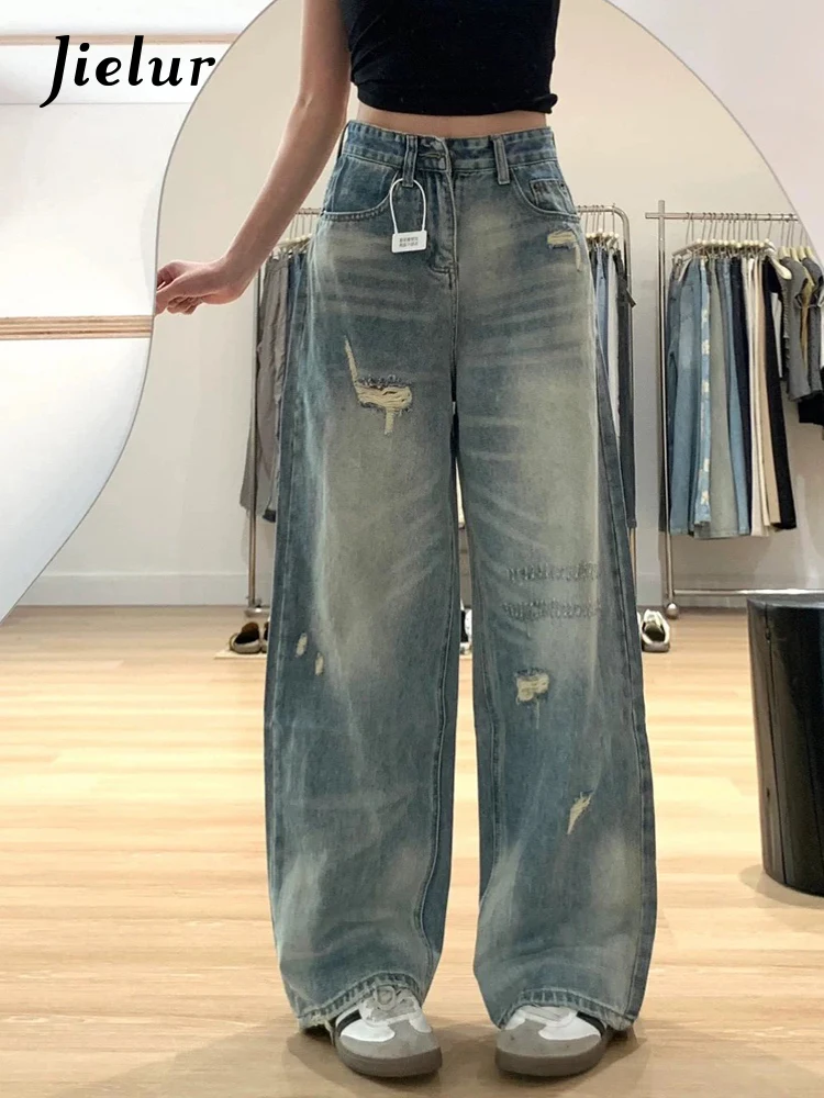 New Basic High Waist Chic Washed Hollow Out Women Jeans American Fashion Distressed Vintage Straight Loose Female Wide Leg Pants