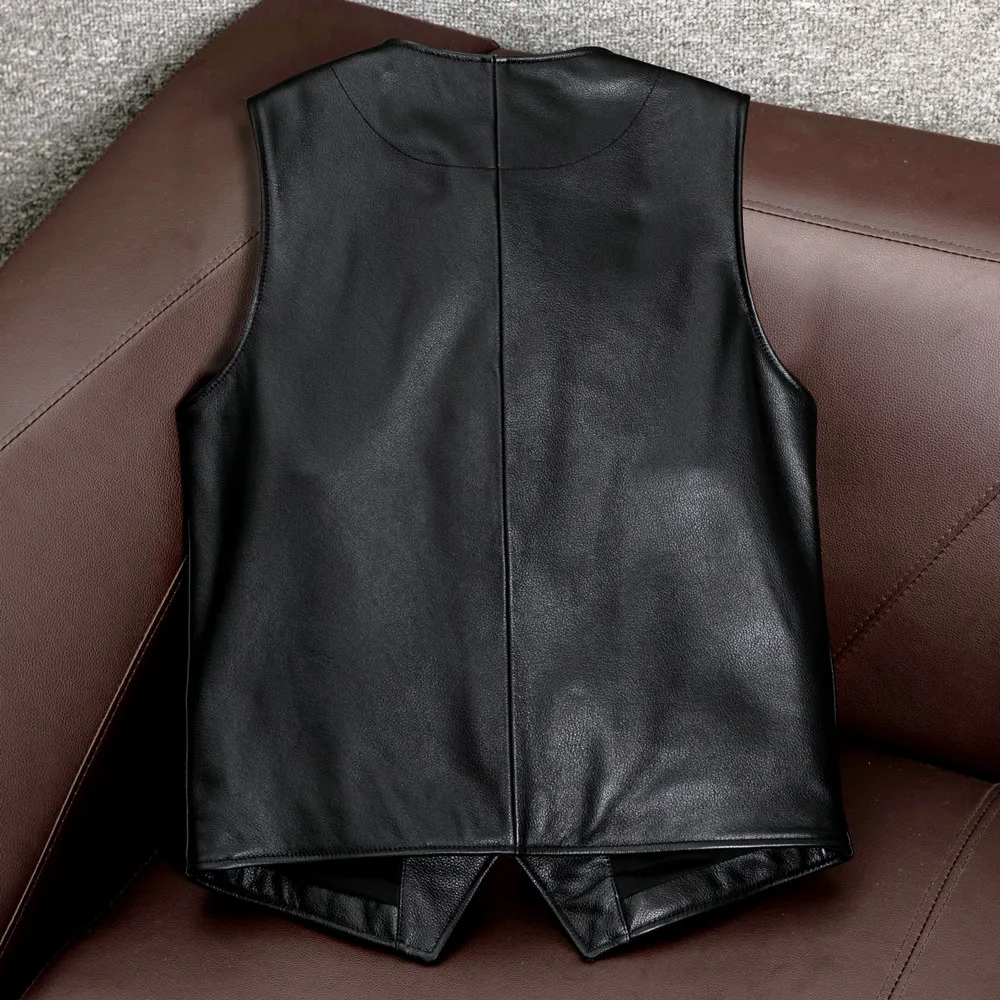 The first layer of pure cowhide leather short V-neck leather slim-fit leather vest casual vest