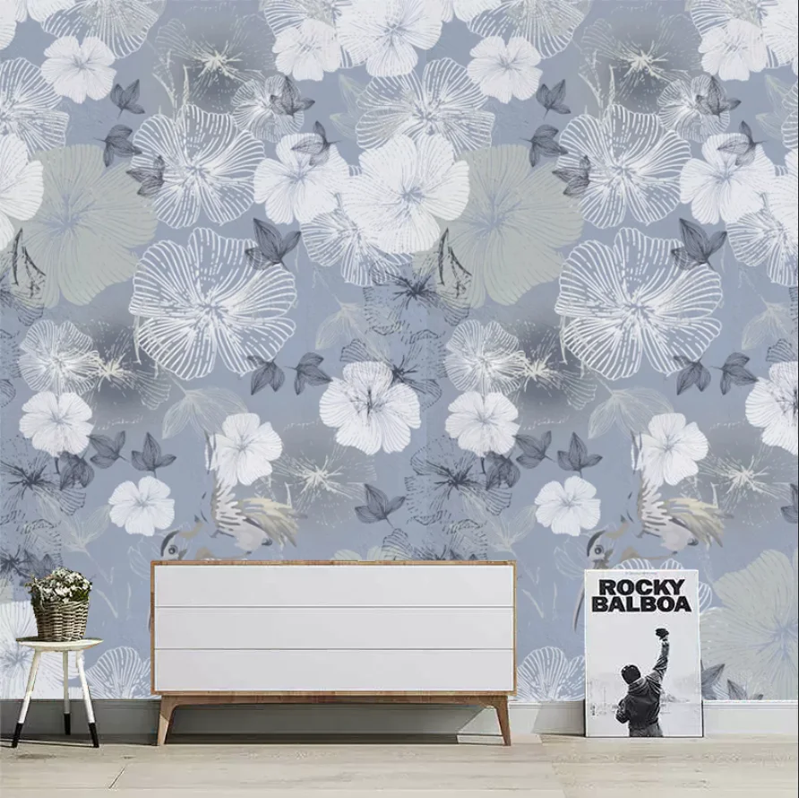 

Обои на заказ: синие прозрачные с цветами и бабочками, настенное панно для гостиной и спальни, однотонный фон, цветочный декор