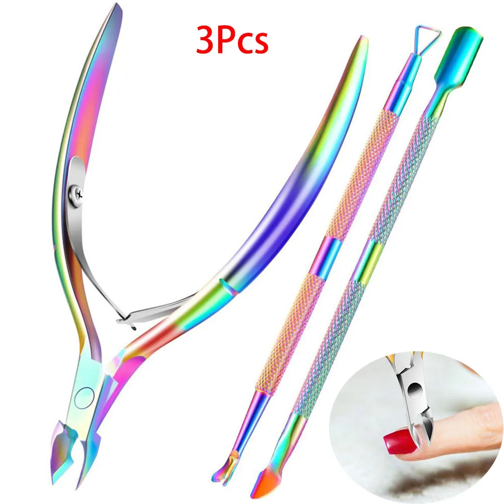 3 Pz/set In Acciaio Inox Taglierina Per Cuticole Forbice Tronchesi Doppio-end Spingipelle Kit di Rimozione Della Pelle Morta Manicure Strumenti di Pedicure