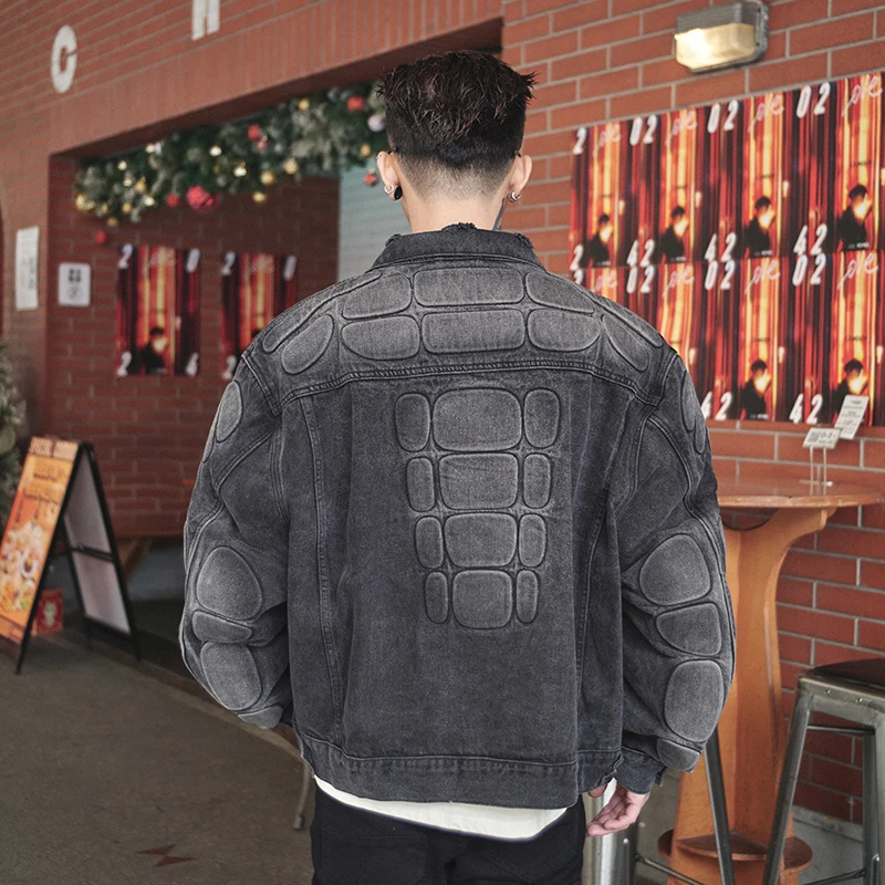 High-end Korean version of the personality of 3D three-dimensional embroidery men's denim jacket washed holes loose tops