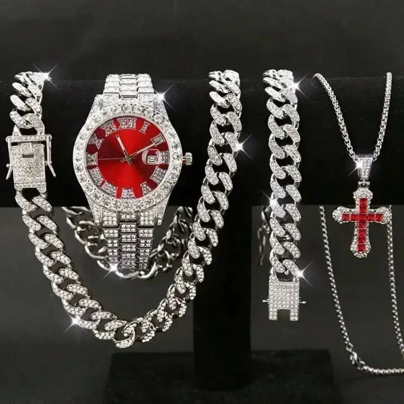 New tricolor watch set with diamonds, Cuban necklace bracelet, and cross four piece large dial