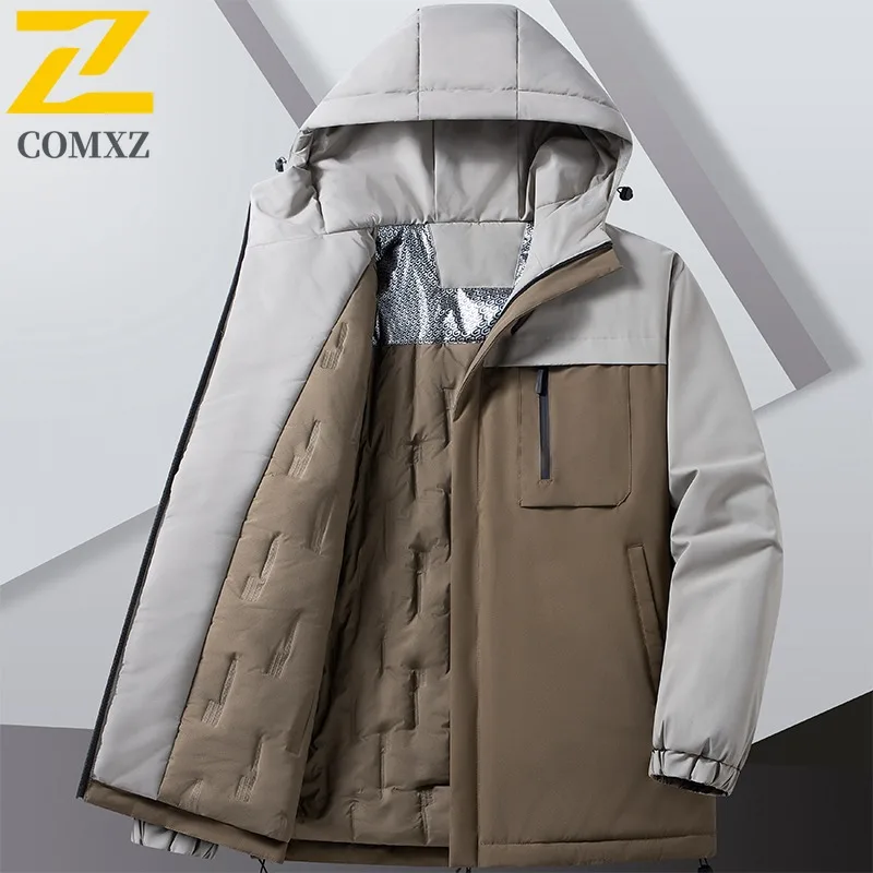 COMXZ 2025 Men Women Color Block Hooded Puffer Jacket American Style Graphene Lined Winter Thickened Casual Outdoor Sports Coat