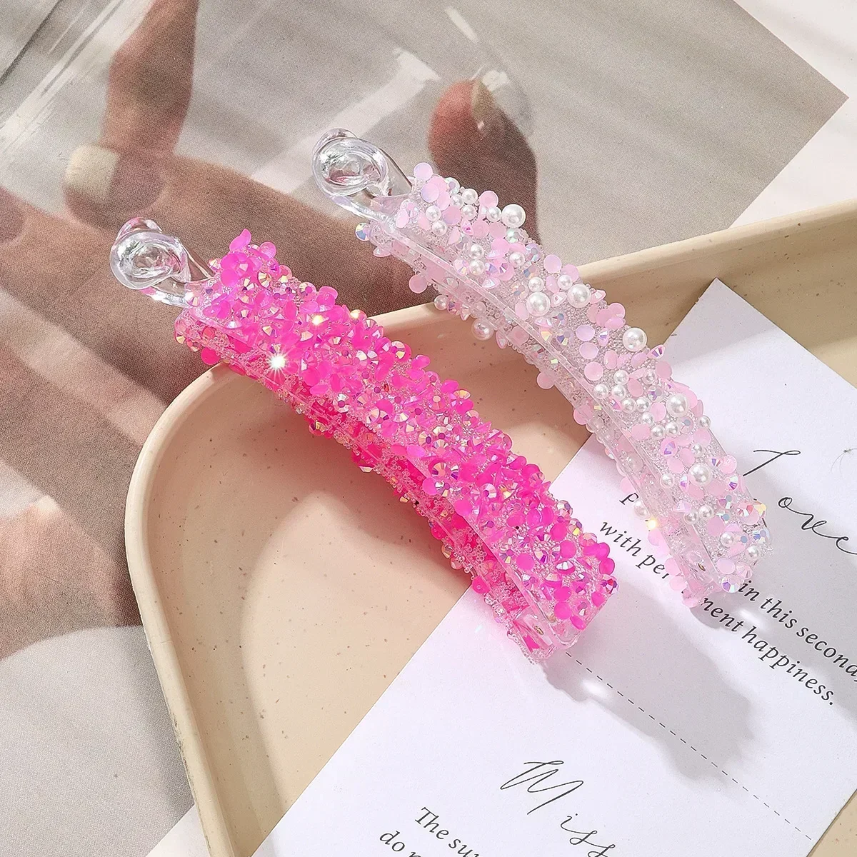 Rhinestone Banana Hair Clips Women Girls Pearl Plastic Hairpins Simple Ponytail Holder Claw Grips Clamp Barrettes Accessories