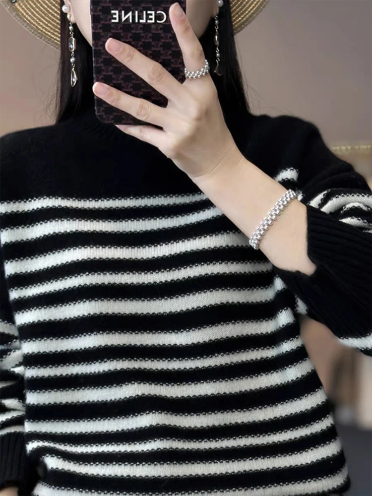 ADDONEE Women Striped Sweater Mock Neck Pullover Autumn Winter Casual Loose Cashmere Knit 100% Merino Wool Knitwear Korean Tops