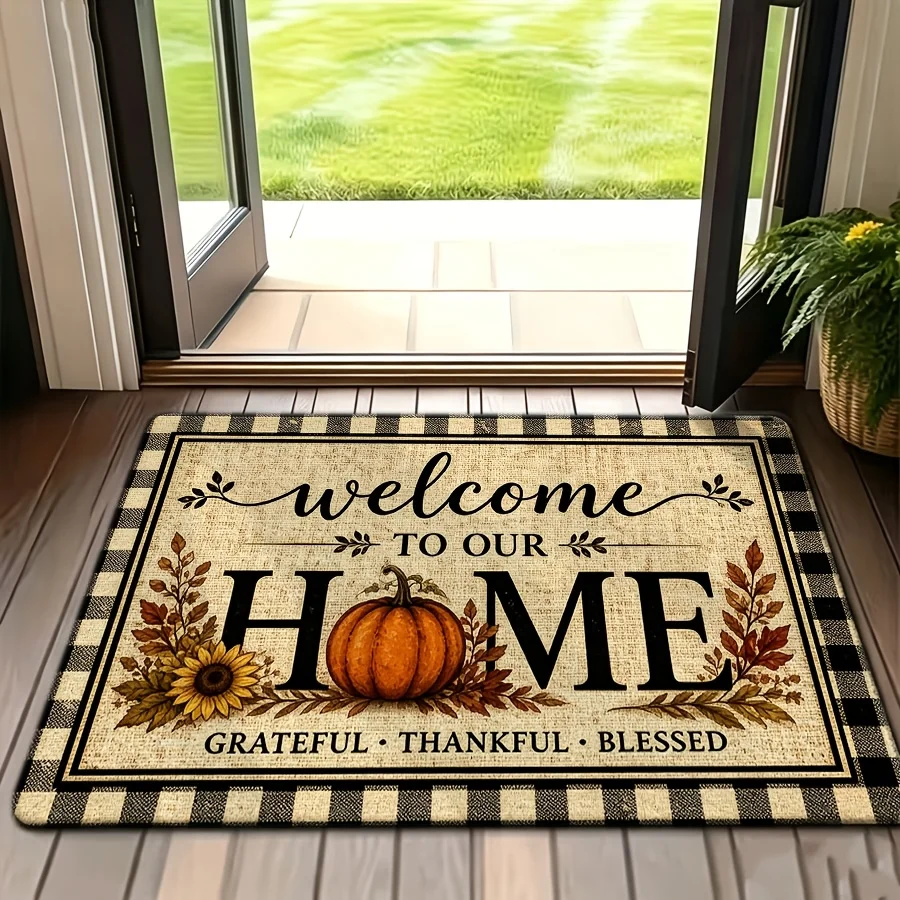 Fall Pumpkin Sunflower Welcome Home Printed Floor Mat, Retro Plaid Border Doormat, Seasonal Harvest Decor Rug for Entryway