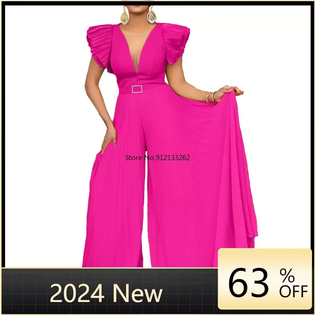 

Women Wide Leg Jumpsuits Pleated High Waist V Neck Ruffles African Female One Piece Rompers Elegant Summer Fashion Yellow 2024