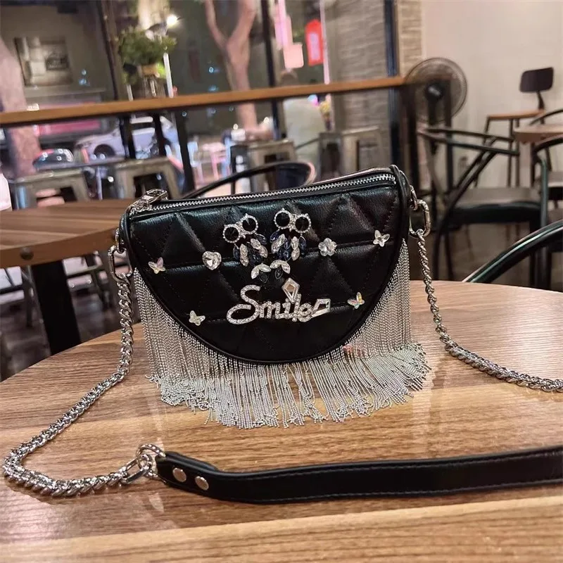 

High Quality Textured Leather Fashion Plaid Half Moon Bag Glitter Rhinestones Women's Handbag Lady Purse Shoulder Messenger Bag