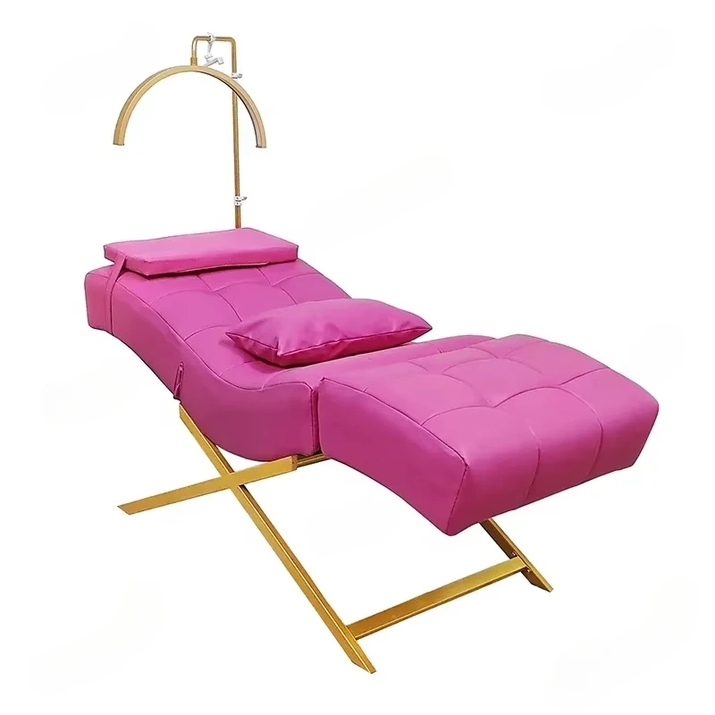 Luxury Salon Furniture Pink Leather Folding Sofa Curved Eyelash Bed Beauty Salon Adjustable Chair Lash Extension Bed