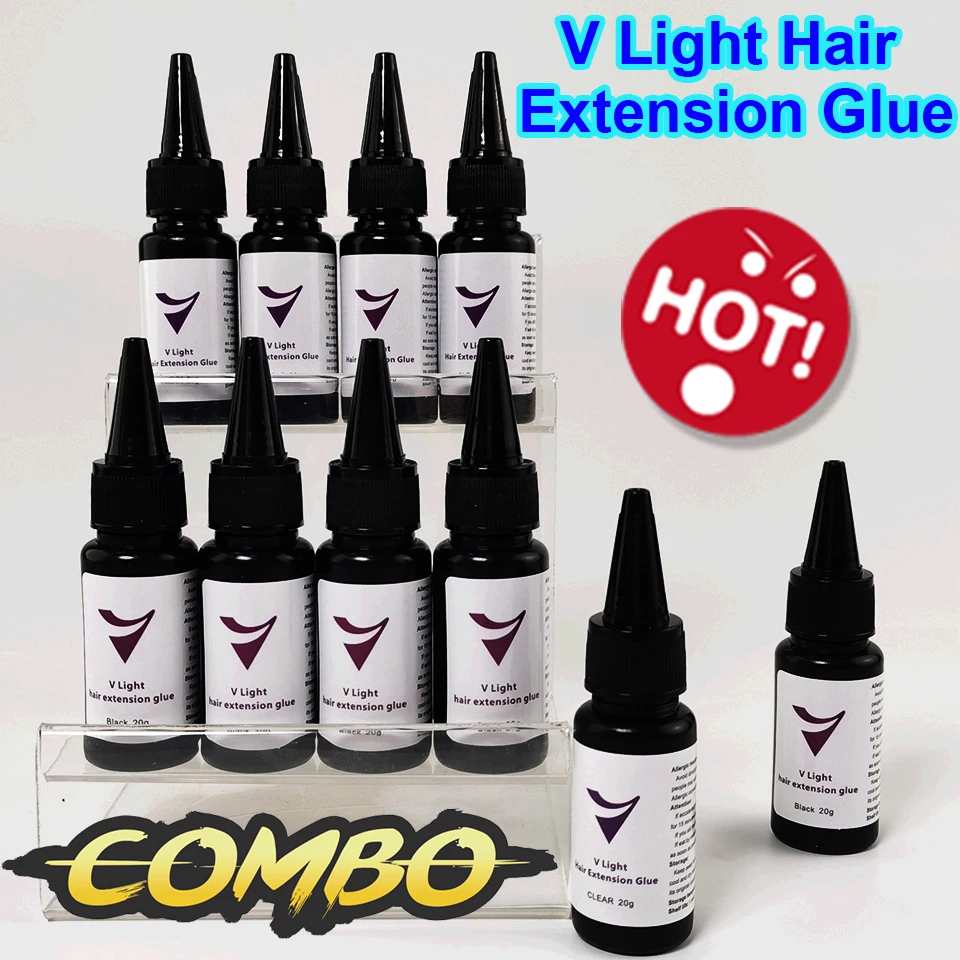 Lem ekstensi rambut v-light 20g, lem untuk pita ekstensi rambut, lem teknologi v-light untuk ekstensi rambut, rambut manusia, potongan rambut massal