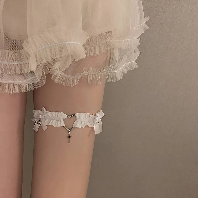 Heart Bowknot Leg Ring Gothic Lace Thigh Decor Neck Strap Collarbone Chain Accessory Black White Elastic Choker Women Leg Chain