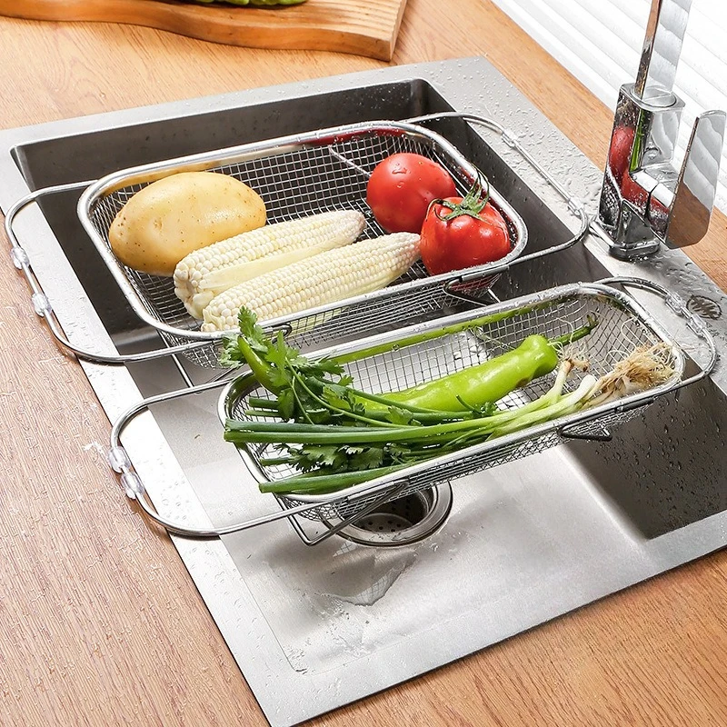 

Сливная корзина Корзина для овощей из нержавеющей стали Выдвижная кухонная корзина для мытья овощей Фрукты Посуда Сливной макарон