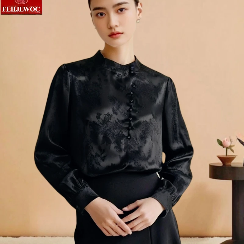 

Элегантные топы в китайском стиле с воротником-стойкой в стиле чи-пао, женские блузки, осень 2023, ретро, винтажные базовые черные рубашки на пуговицах