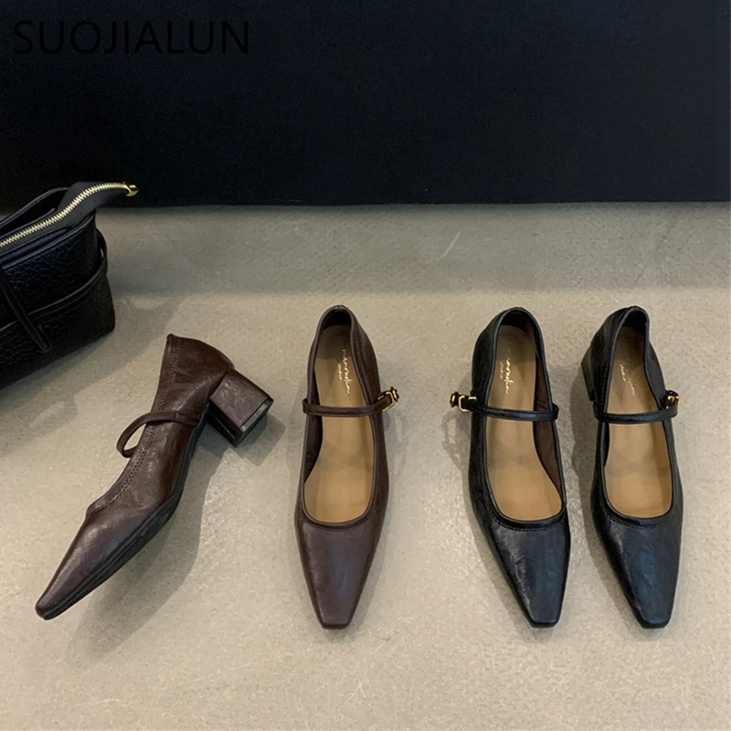 Suojialun-女性のためのメアリーヌシューズ,丸いつま先,浅いシングルシューズ,正方形のヒール,ドレスポンプ,新しいブランド,春のファッション,2024