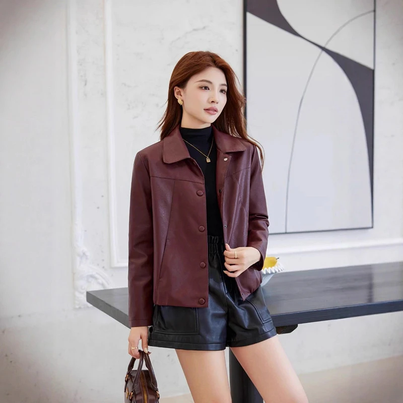 Korean Temperament Faux Leather Jacket Women Spring Autumn Thin Soft Leather Coat Woman Office Lady Single Breasted Lapel Jacket