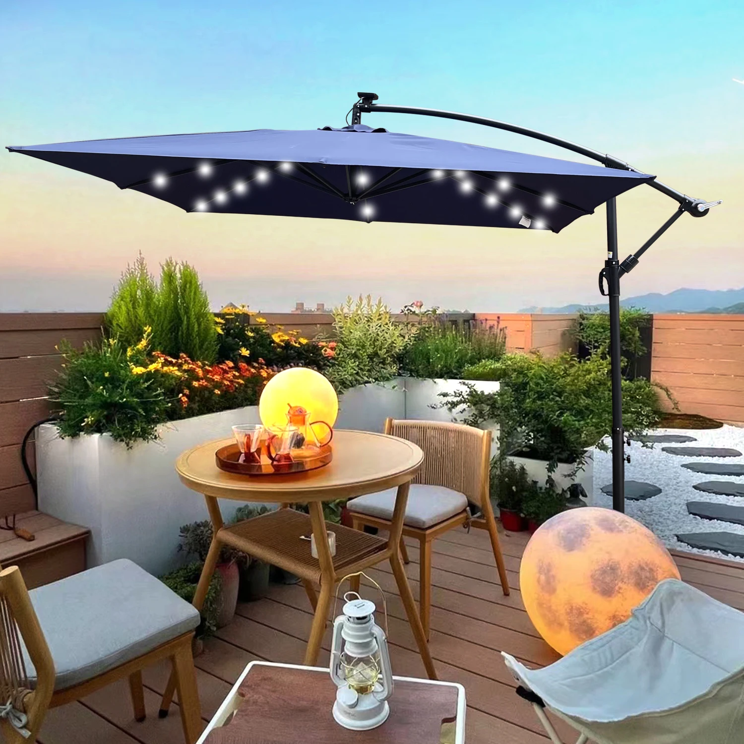 

Square 2.5X2.5M Outdoor Patio Umbrella Solar Powered LED Lighted Sun Shade Market Waterproof 8 Ribs Umbrella with Crank and Cros