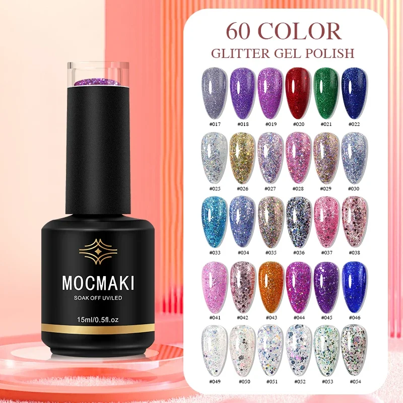 Mocmaki-Esmalte Gel Diamante Glitter, Lantejoula Espumante, Arte Nail UV, Laca Verniz, 60 Cores, 15ml