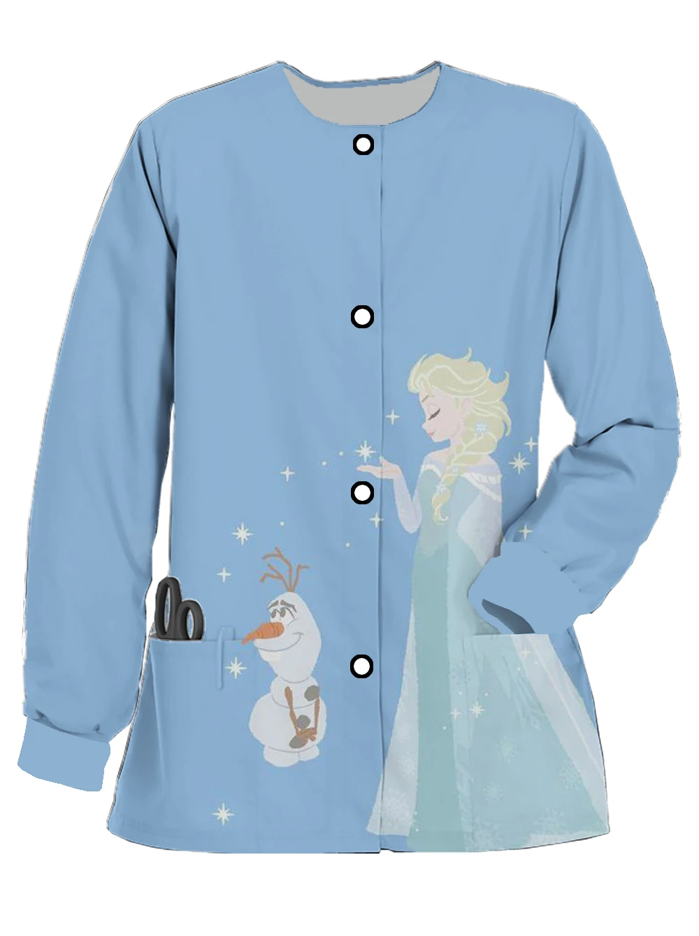 Fashion Women's Clothing Disney Princess Elsa Printed Long Sleeve Pocket Cardigan Women's Hospital Work Clothing Nursing Clothin