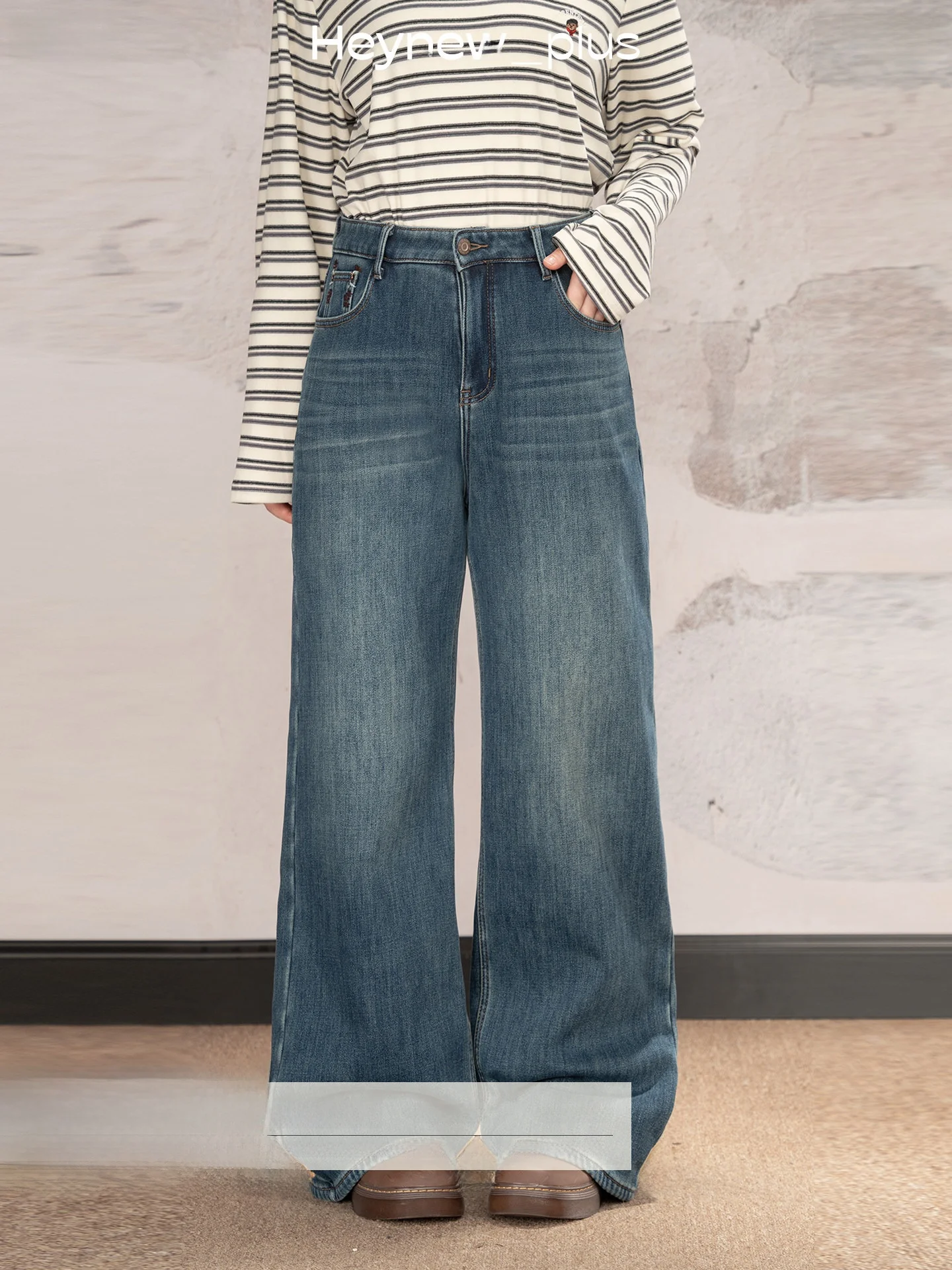 

Женские джинсы Heynew больших размеров синего цвета на флисовой подкладке, прямые, осенне-зимние, широкие, стройнящие, для фигуры типа «груша», длинные брюки