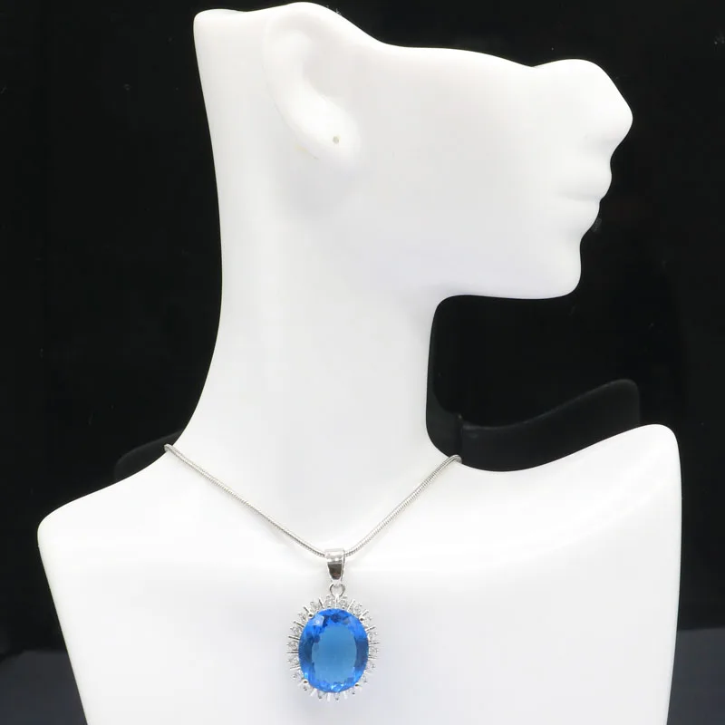 

28x20mm Classic Big Gemstone London Blue Topaz CZ Women Silver Pendant
