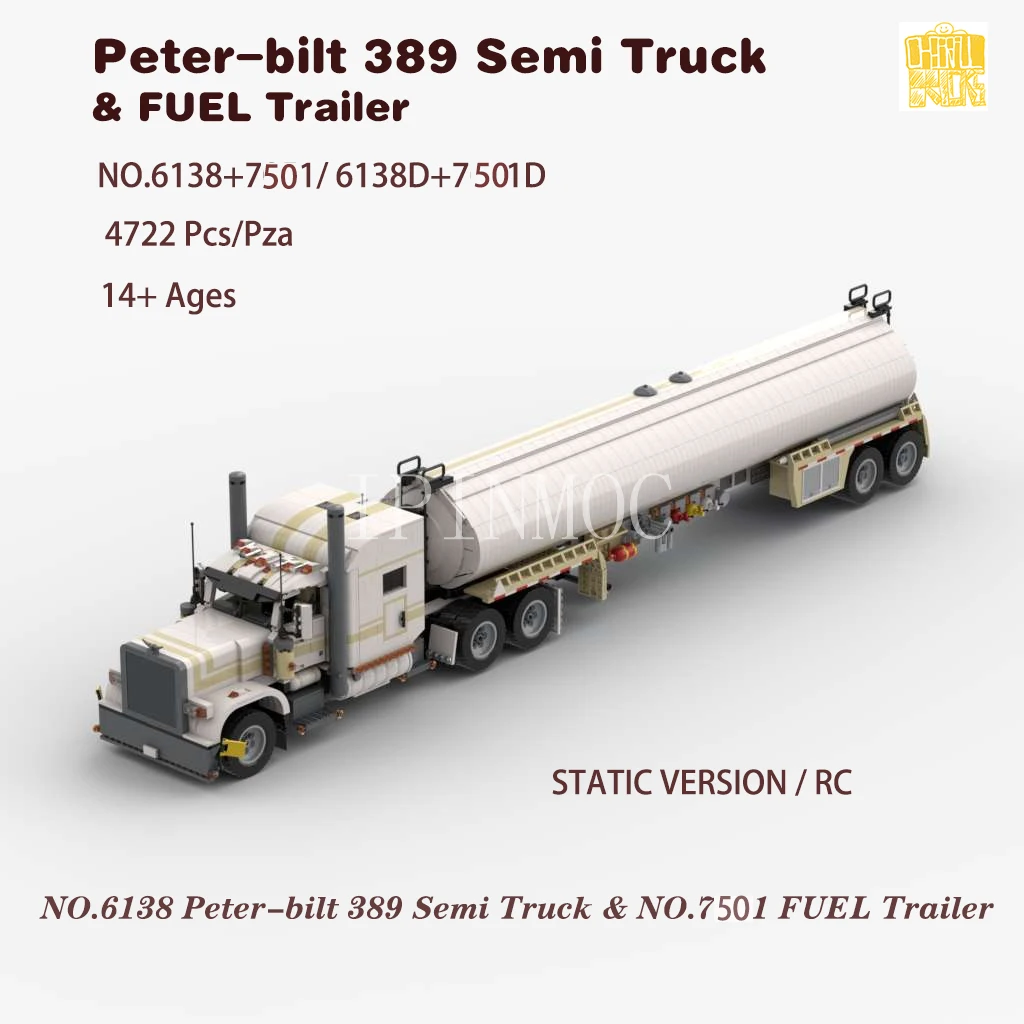 MOC 6138+7501 389 Semi Truck & FUEL Trailer Model With PDF Drawing Building Blocks Bricks Toy Birthday Christmas Gift