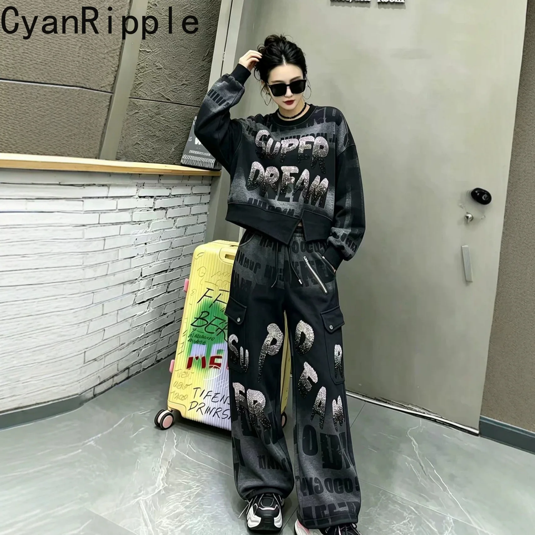 High Street New Autumn Winter Gradient Letters Hot Diamond Thicken Fleece Pullover Top Elastic Waist Floor-length Wide Leg Pants