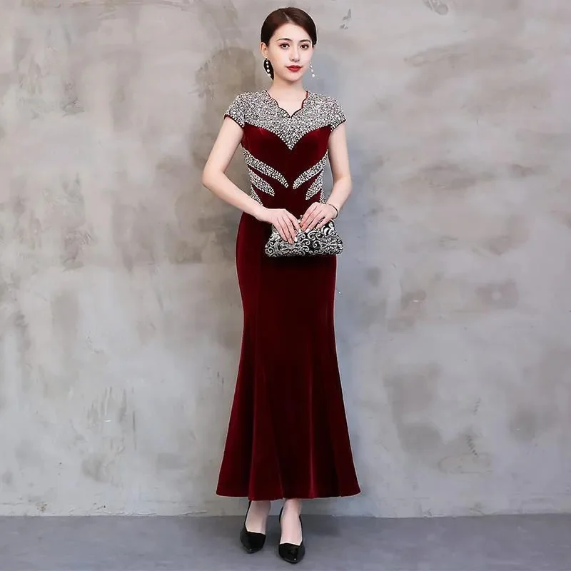 

Heavy Industry Diamond Embedding Brand High end Texture 2023 Spring and Autumn Dress Women Noble Temperament Evening Dress Slim