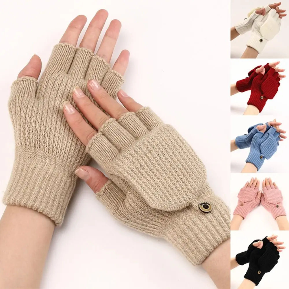 1 Paar gestrickte, verdickte Flip-Cover-Handschuhe, klassische einfarbige, freiliegende Handschuhe, weiche, gehäkelte, fingerlose Fäustlinge