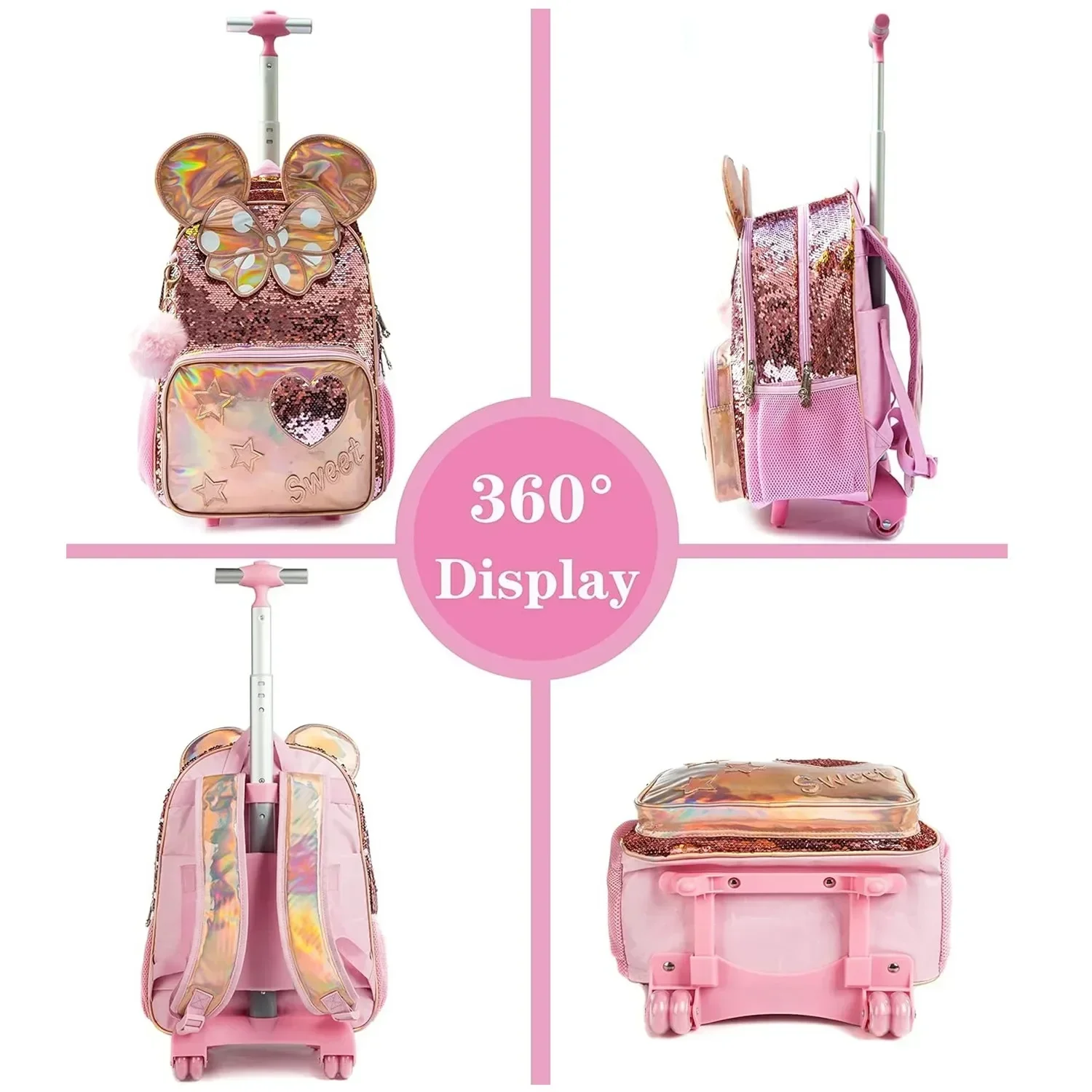 Dropshipping 16 Inch Cute Girl Children Primary School Backpack Girl with Wheels Rolling Bag Set with Lunch Bag Kids School Bags