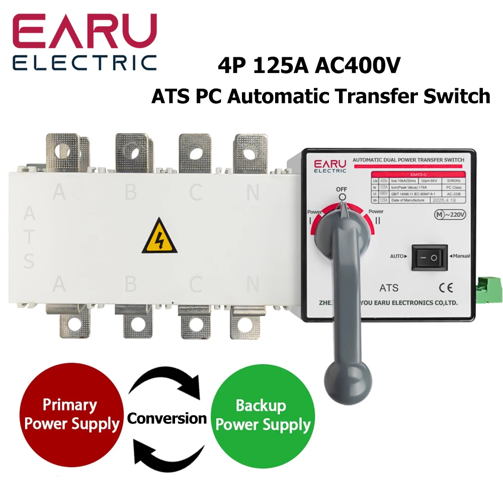 

4P 125A AC400V ATS PC Automatic Transfer Switch Electrical Selector Switche Auto or Manual 2 Input 1 Output Uninterrupted Power
