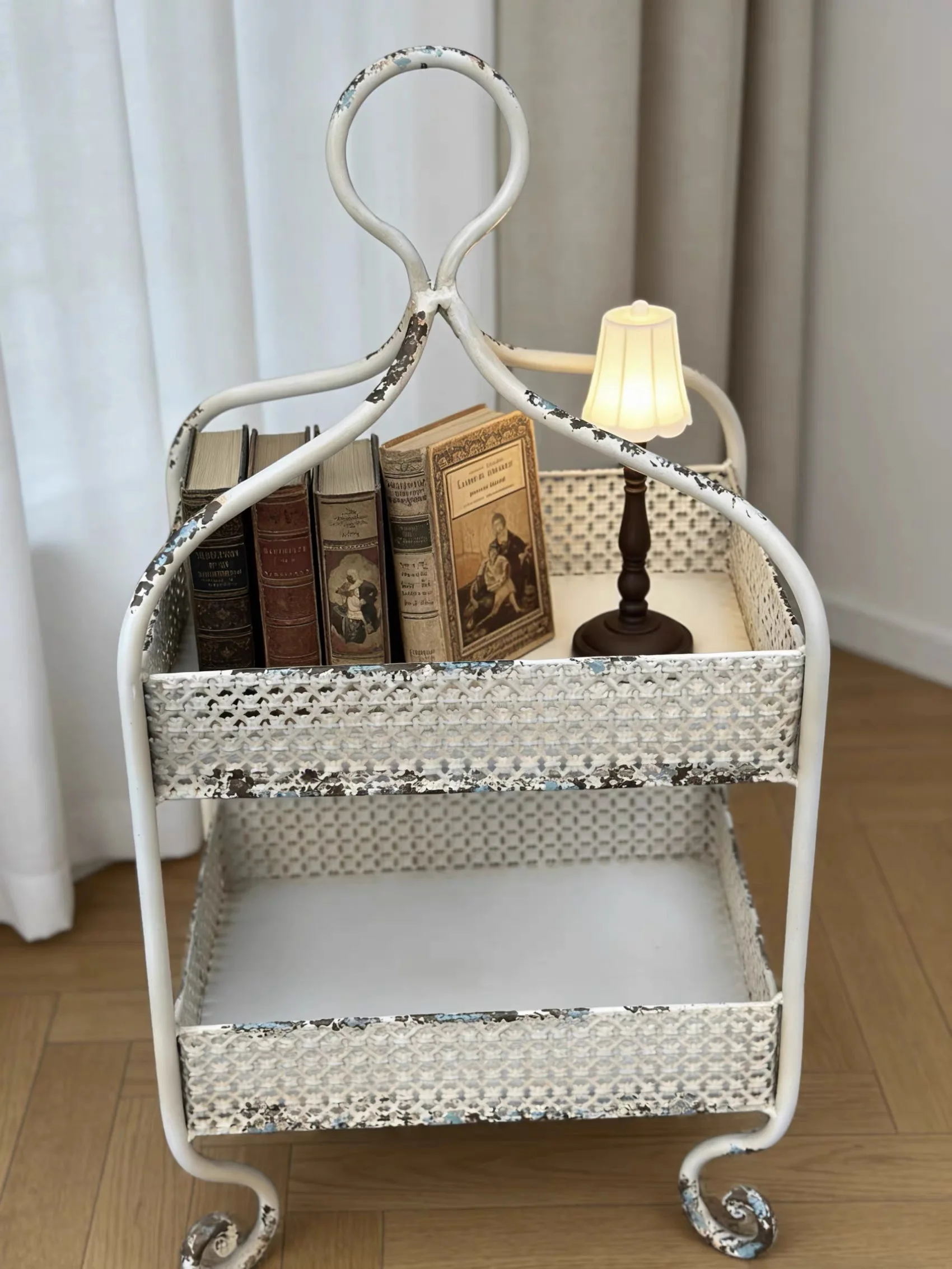 Vintage Metal 2 Tier Storage Rack, Rustic Farmhouse Iron Organizer Shelf with Handle, Decorative Countertop Bathroom Kitchen She