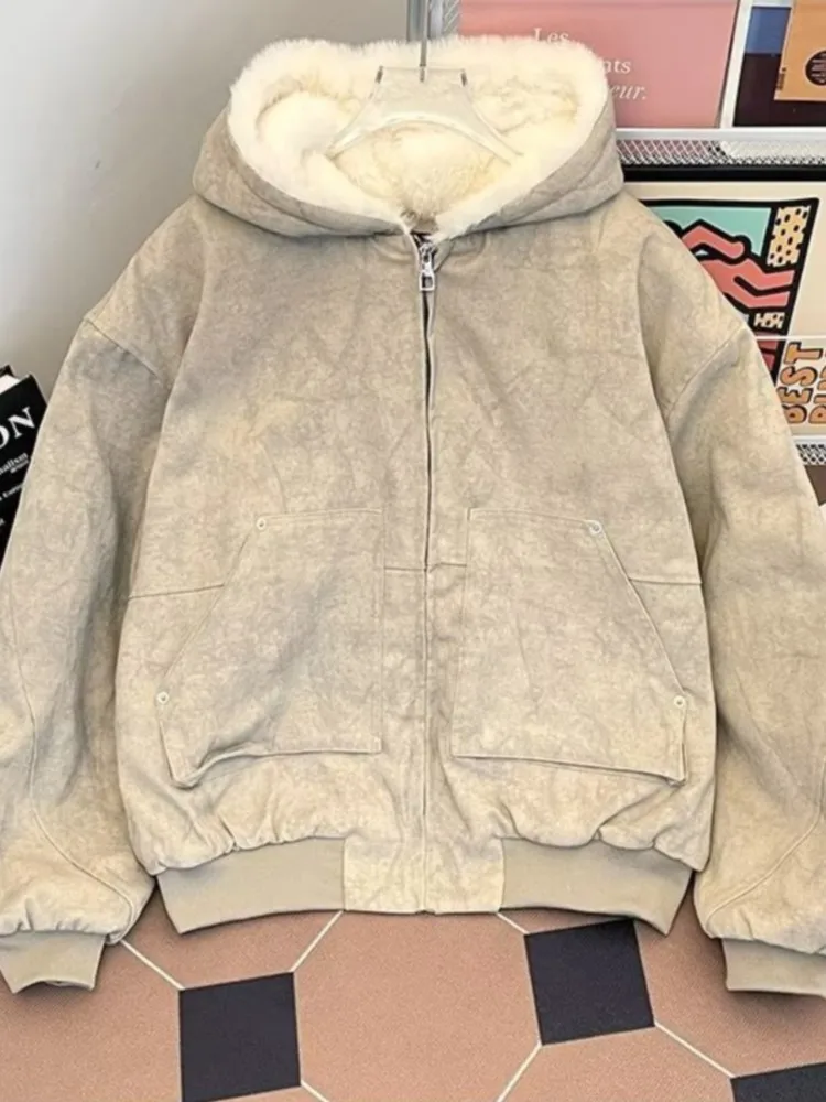 パーカージャケットコート女性のための厚い毛皮の襟フード付きアウターヴィンテージストリート長袖カップルコート 2025 新しい秋冬