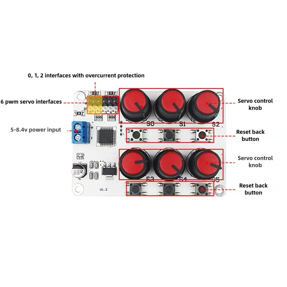 6-way Rotary Knob Servo Drive Controller Servo Tester 5-8.4V Robot Arm and Manipulator Drive Control Board Overload Protection