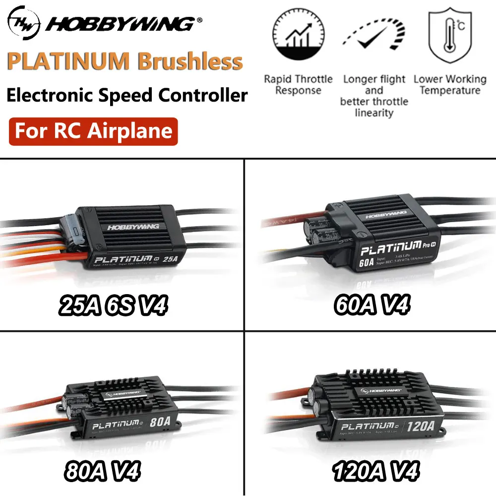 

Hobbywing Brushless ESC Platinum V4 25A 60A 80A 120A ESC Speed Controller Built-in BEC for RC Helicopter Fixed Wing Airplane