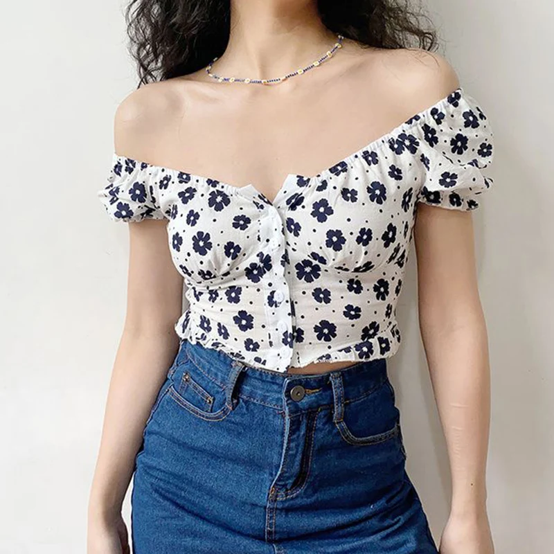 Korean Fashion Printed Short Sleeve Crop Tops Women 2024 Summer Single Breasted Slim T Shirt Woman Low Collar Cropped Tshirt