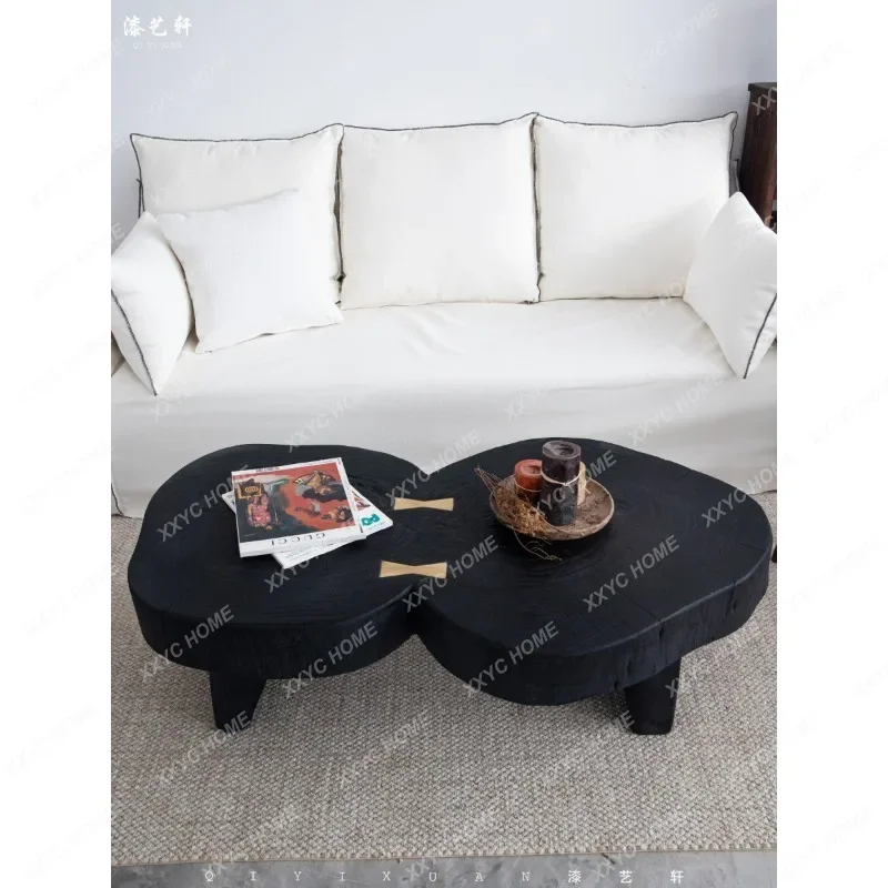 Wabi-sabi style black carbonized coffee table tatami solid wood round tea table